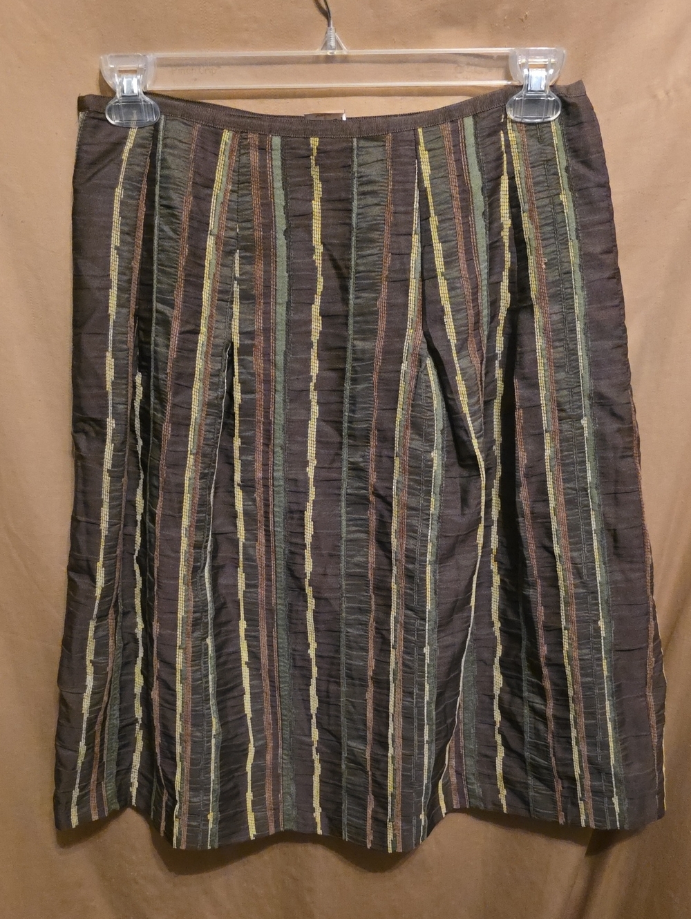 Ladies' Puckered Skirt with Tan and Olive Stripes on Brown 8
